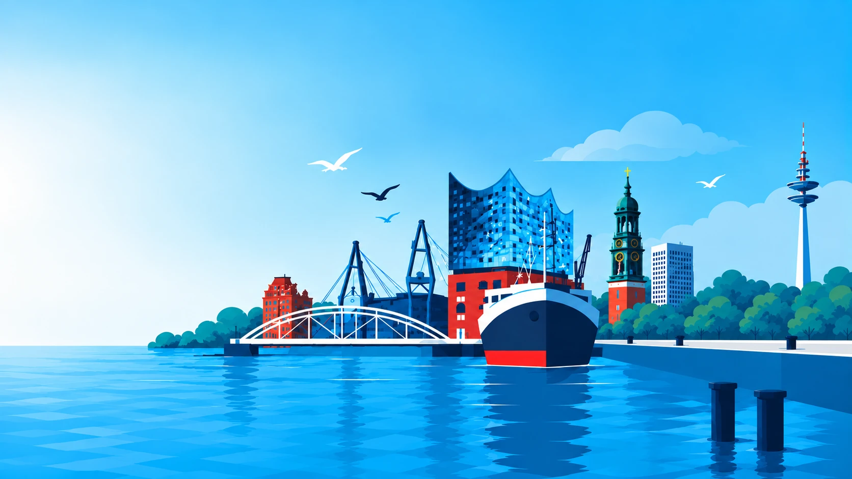 Illustrierter Hamburger Hafen mit Elbphilharmonie, Michel, Fernsehturm und einem Schiff am Kai