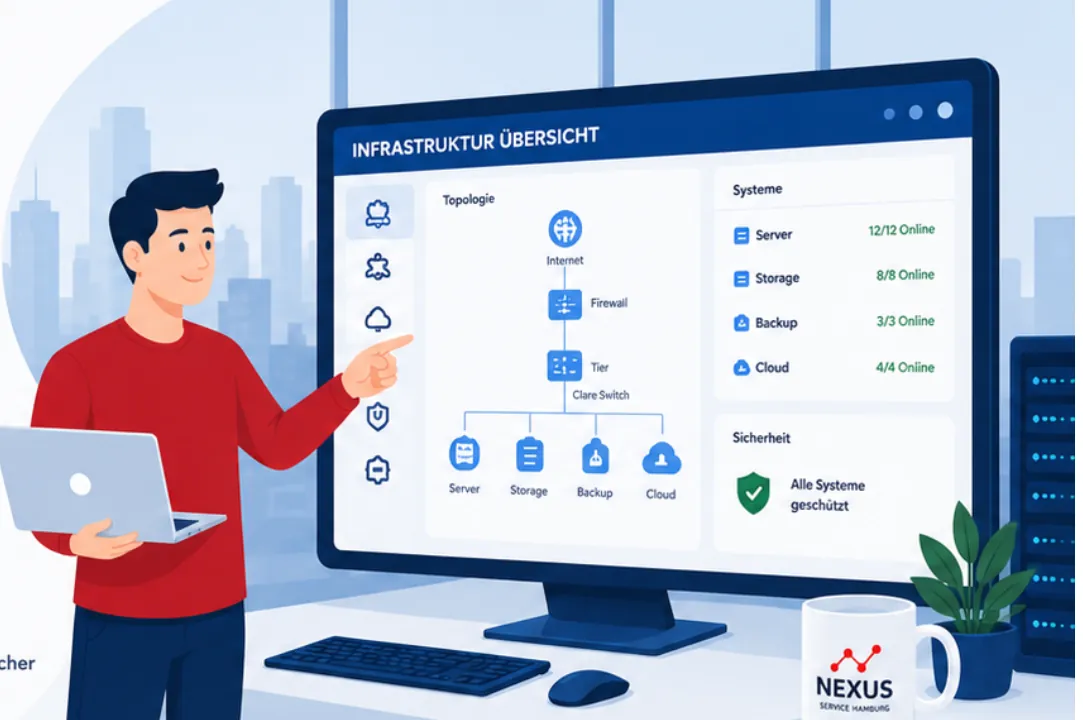 Illustration: Mann mit Laptop vor Hamburger Skyline, daneben Infrastruktur-Dashboard mit Server-, Storage-, Backup- und Cloud-Status — Symbolbild für ausfallsichere IT-Betreuung durch Nexus Service