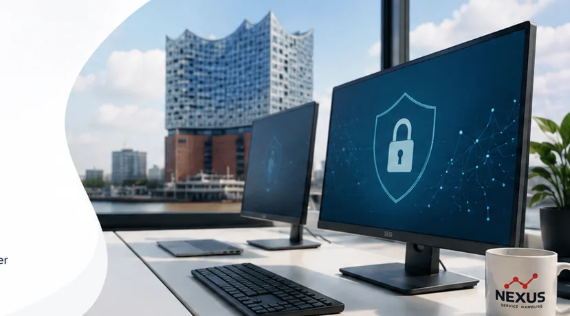 IT-Leistungen für Unternehmen — zwei Monitore vor Hamburger Skyline mit Elbphilharmonie, Schloss-Symbol für IT-Sicherheit, Nexus Service Hamburg